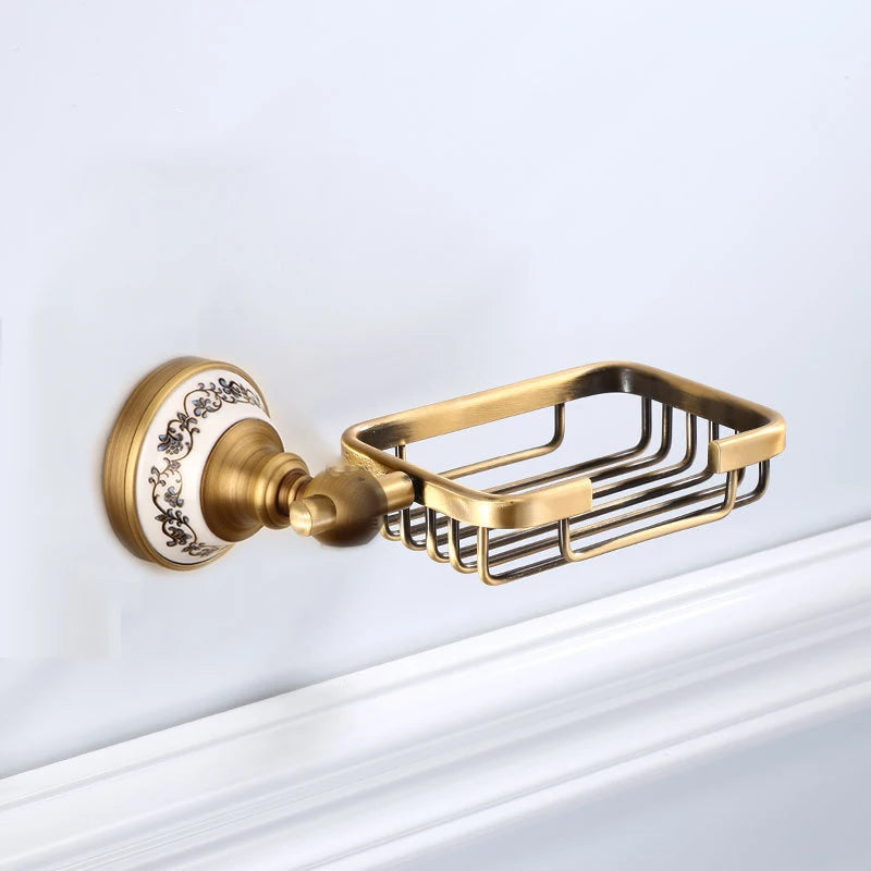 Antique Brass and Ceramic Bathroom Set, 19 Pieces