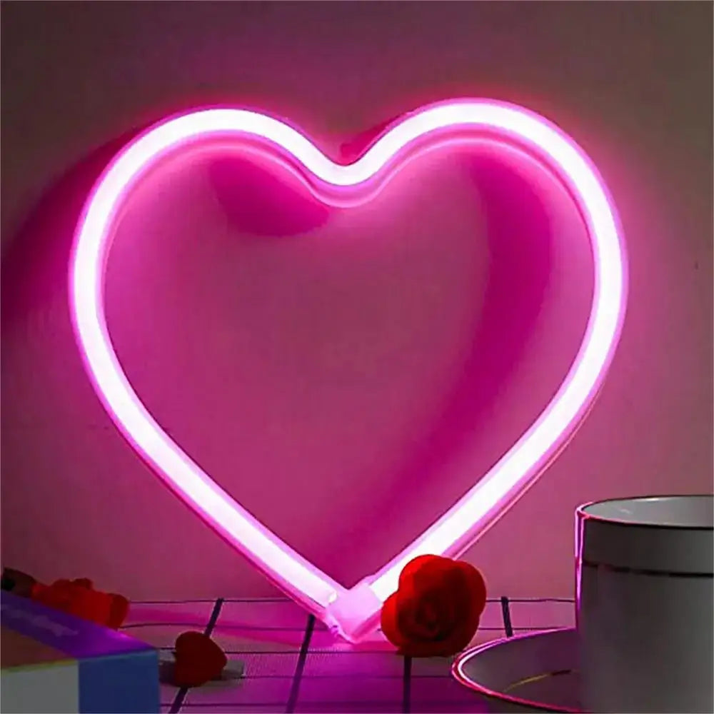 Pink Neon Heart Light, Battery LED Hanging Lamp for Bedroom