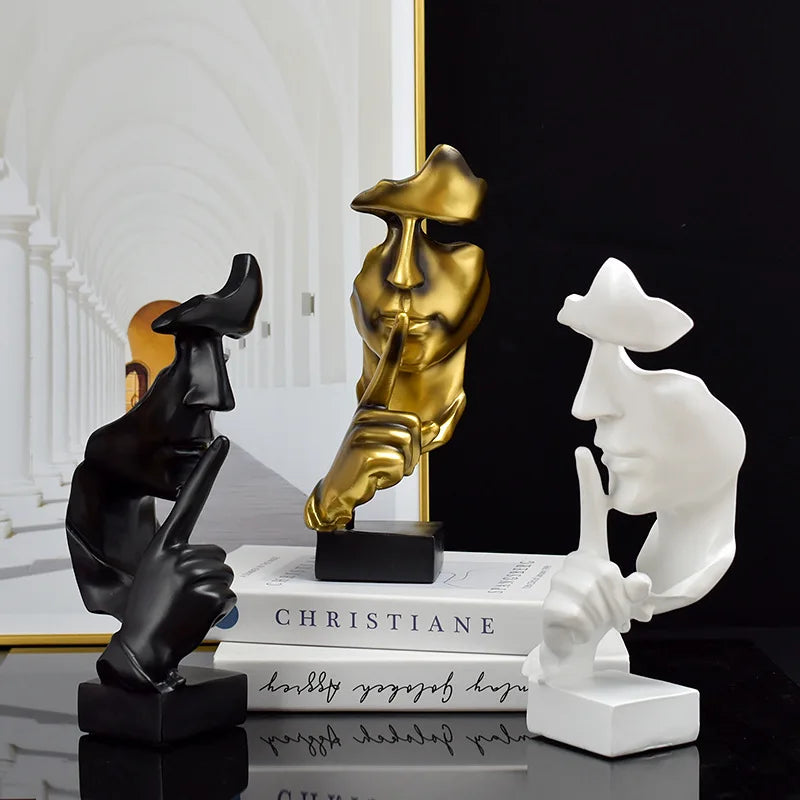 Silence Is Gold Thinker Statue, Abstract Resin Face Sculpture