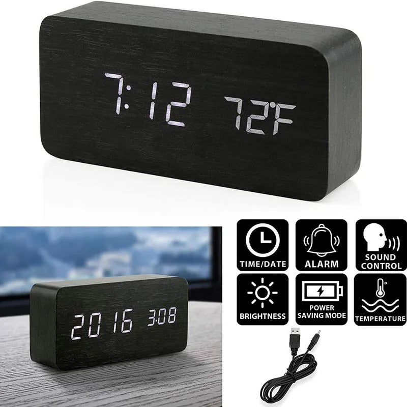 Wooden Digital Alarm Clock with Temperature
