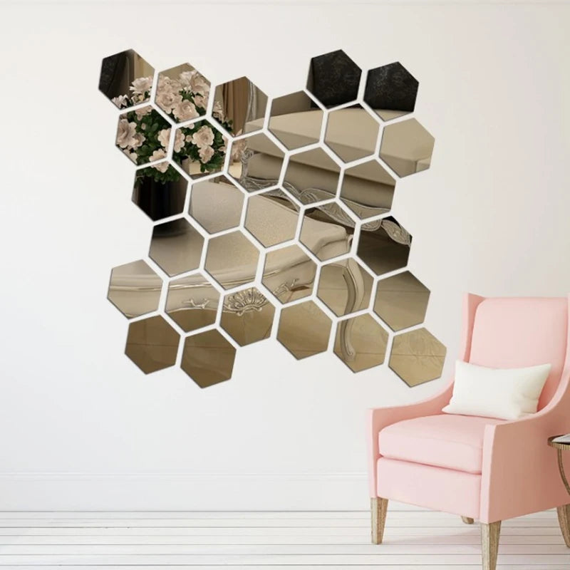 Hexagon Acrylic Mirror Wall Decals, 12 Pieces