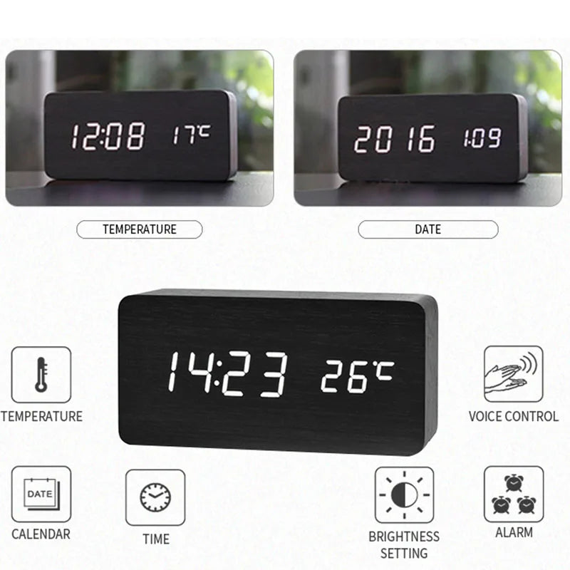 Wooden Digital Alarm Clock with Temperature