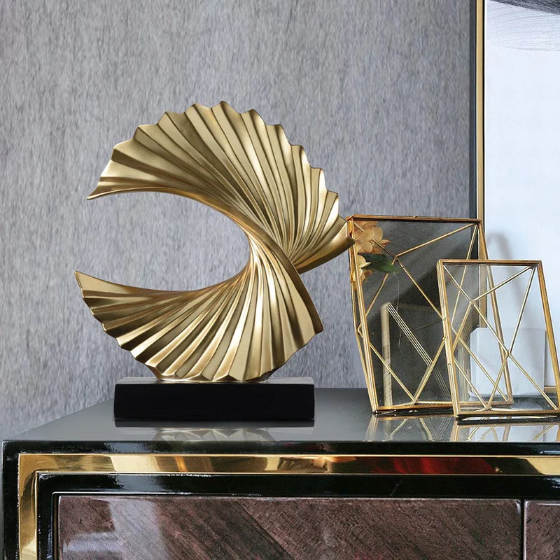 Gold Ocean Wave Sculpture, Art Deco Abstract Resin Tabletop Statue