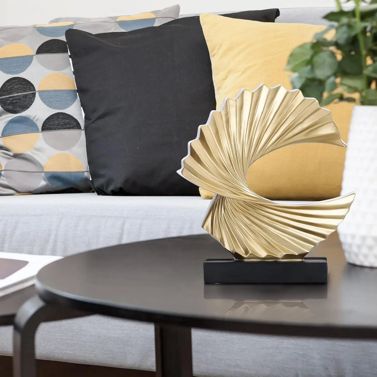 Gold Ocean Wave Sculpture, Art Deco Abstract Resin Tabletop Statue