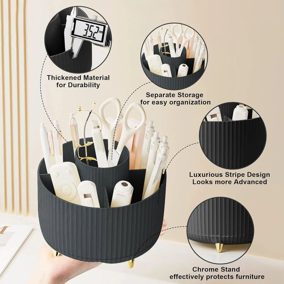Rotating Makeup Brush Holder, 5 Slot Striped Vanity Organizer