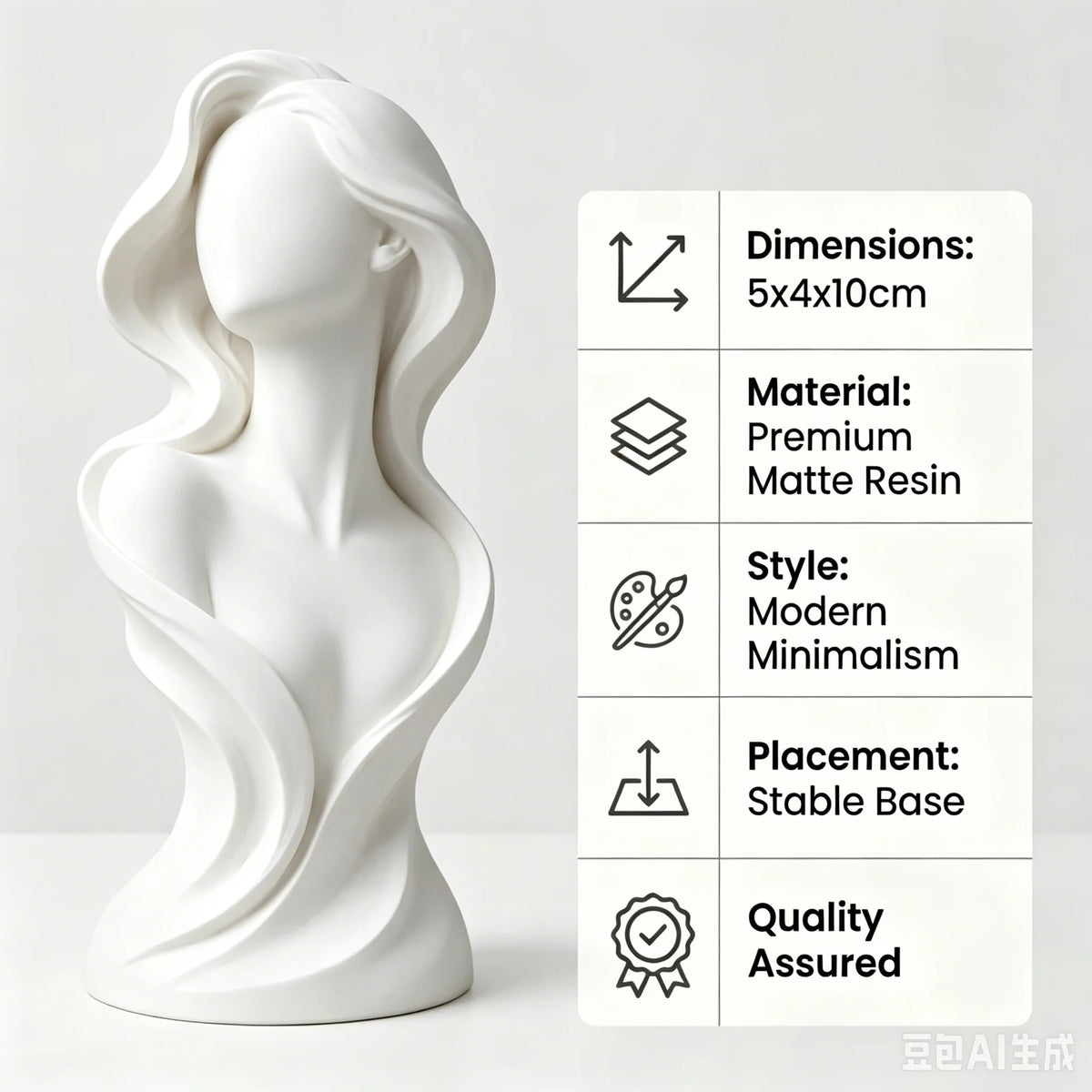 Female Bust Statue, Flowing Curve Abstract Figurine, Matte White