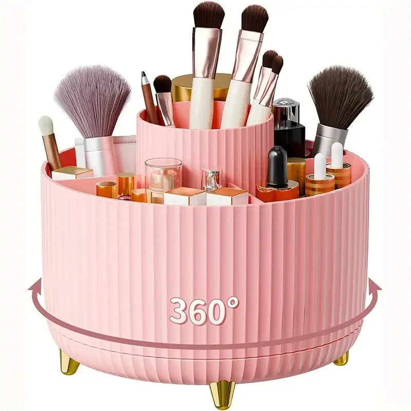 Rotating Makeup Brush Holder, 5 Slot Striped Vanity Organizer