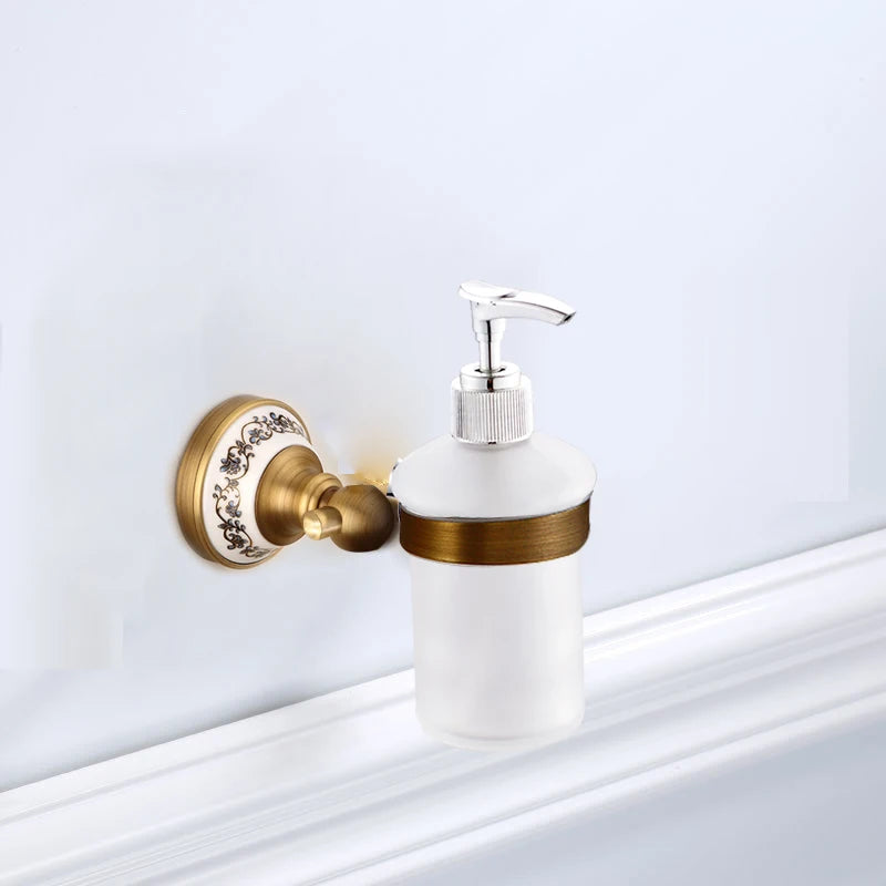 Antique Brass and Ceramic Bathroom Set, 19 Pieces
