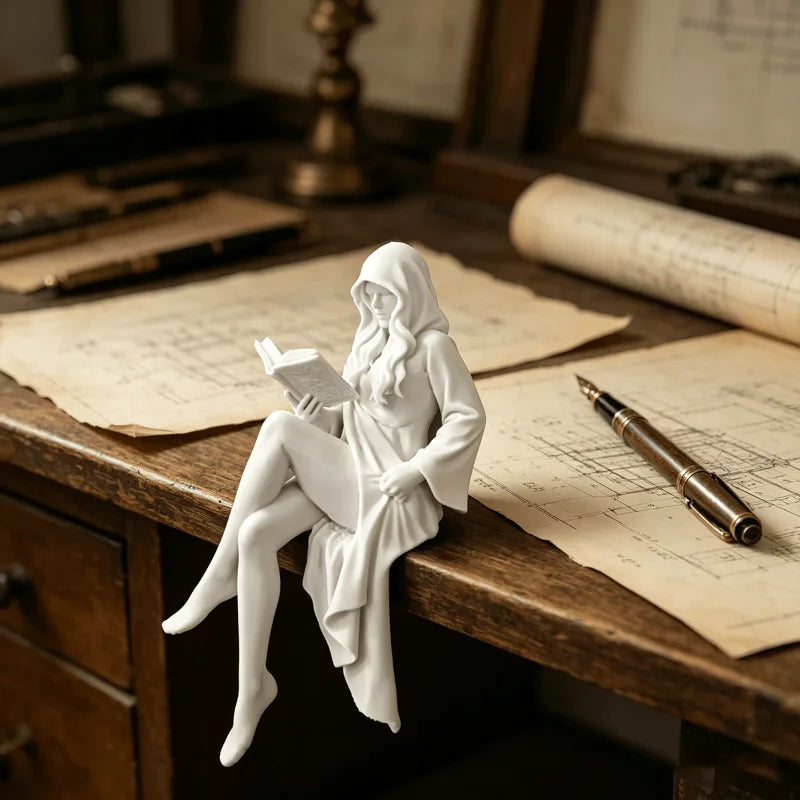 Reading Lady Shelf Sitter Statue, Matte White Hooded Figurine