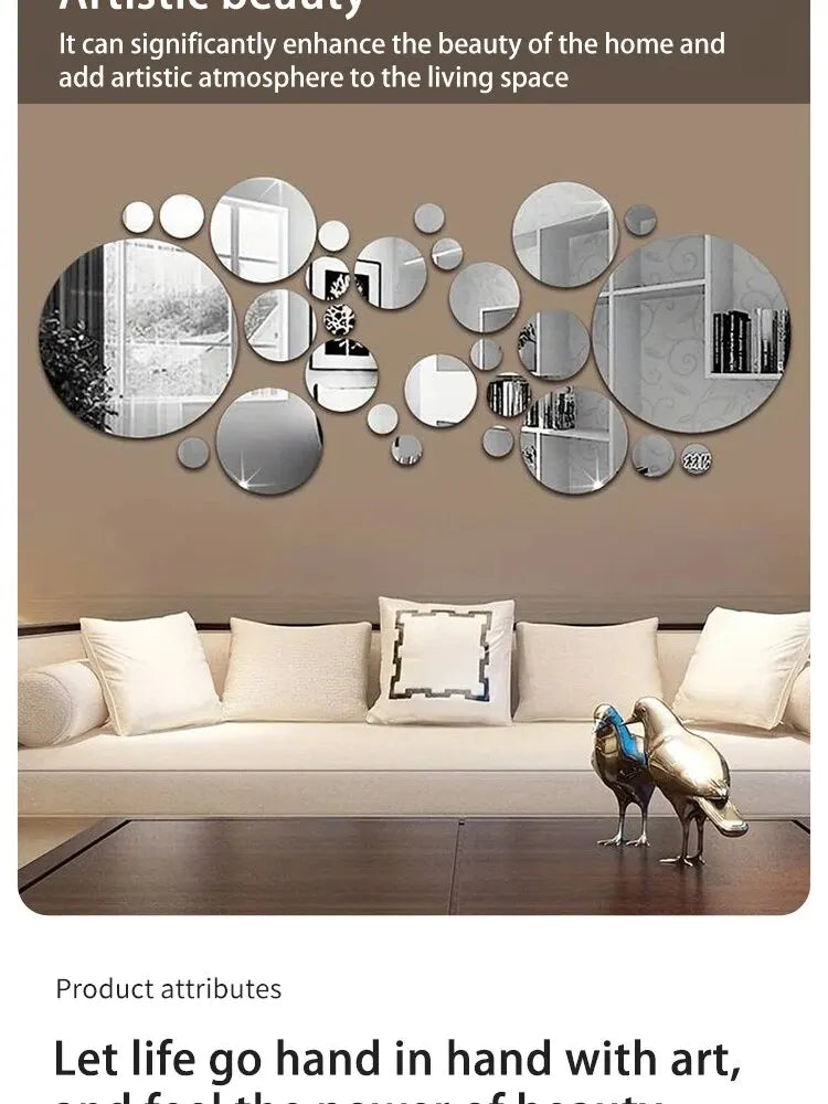 3D Acrylic Round Mirror Wall Stickers, 26 Pieces
