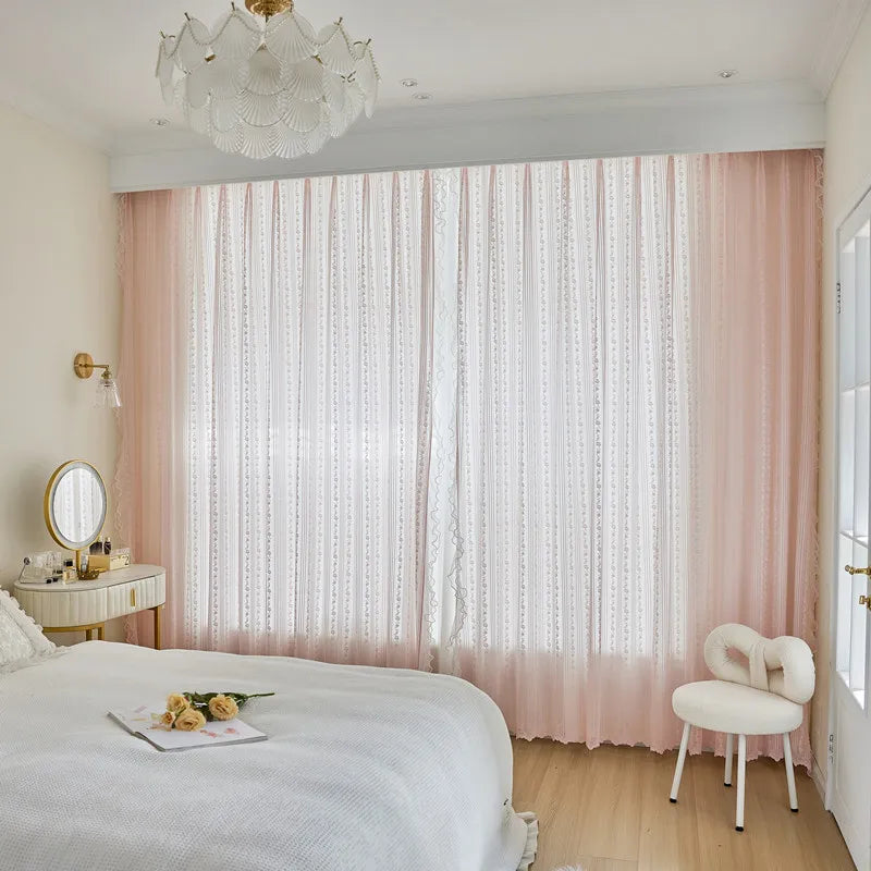 Pink Striped Rose Lace Sheer Curtain Panel