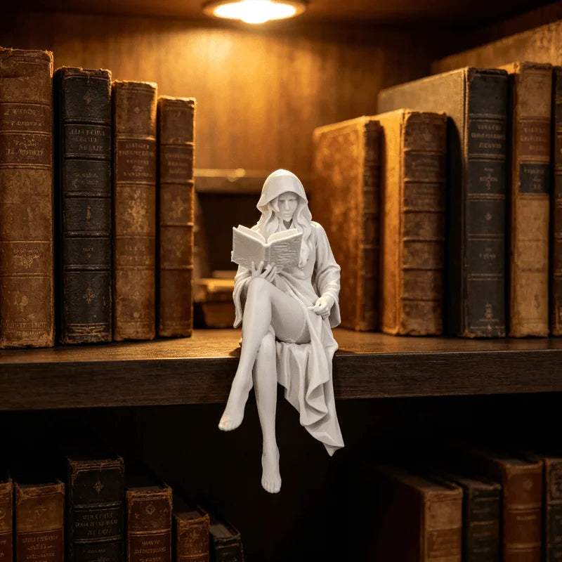 Reading Lady Shelf Sitter Statue, Matte White Hooded Figurine
