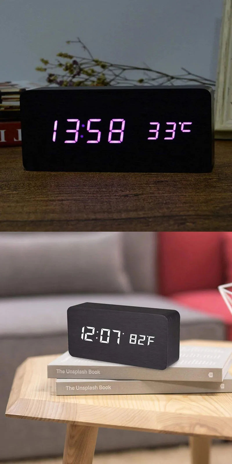 Wooden Digital Alarm Clock with Temperature