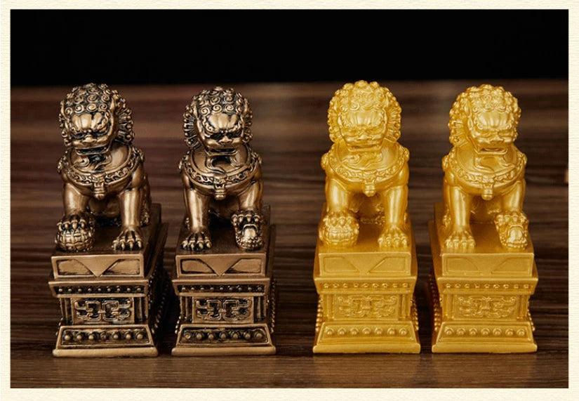 Chinese Lucky Lion Statue Pair, Copper Gold Resin Guardian Lions