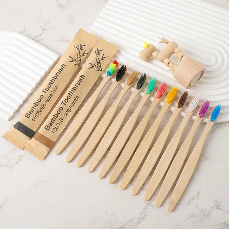 Natural Bamboo Toothbrush Set, 10 Pack