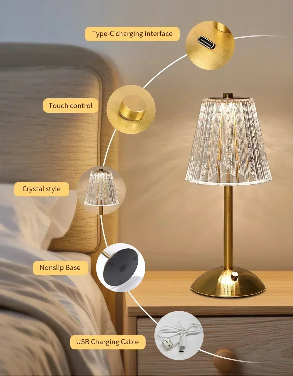 Crystal Touch Table Lamp, USB Rechargeable