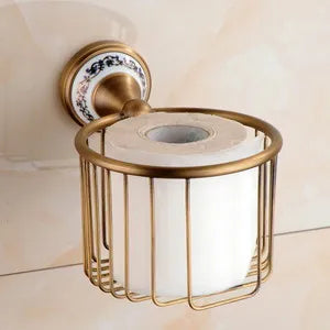 Antique Brass and Ceramic Bathroom Set, 19 Pieces