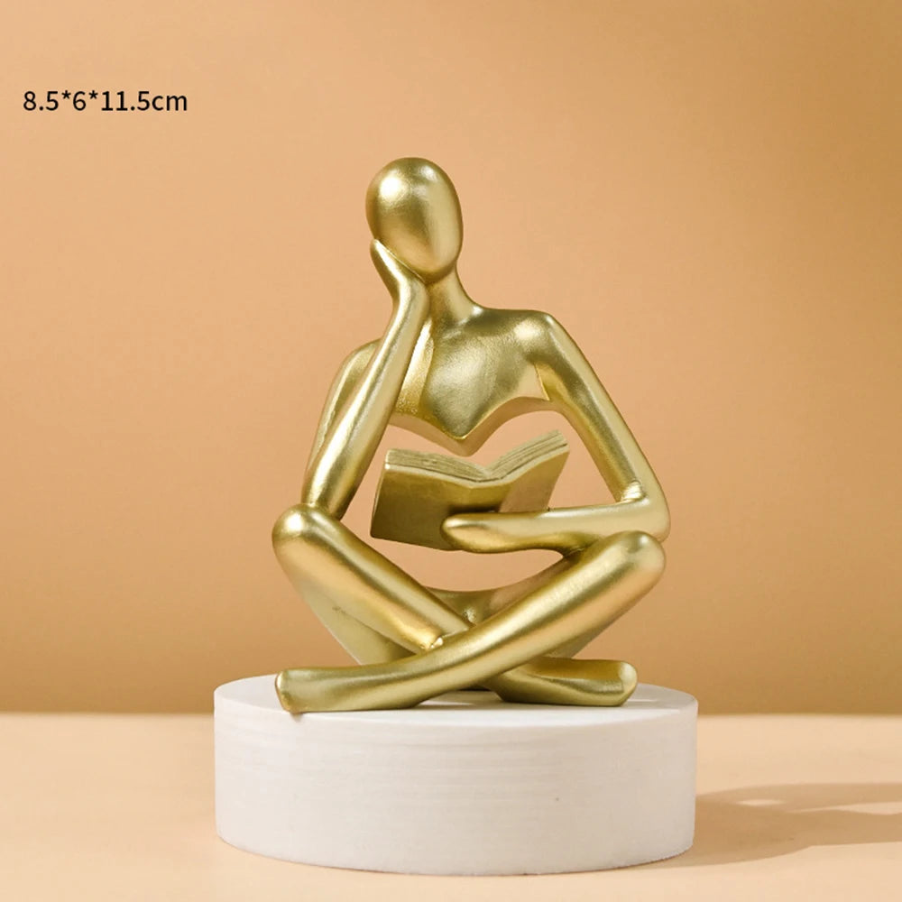 Abstract Thinker Bookshelf Sculpture, Modern Resin Reading Figure