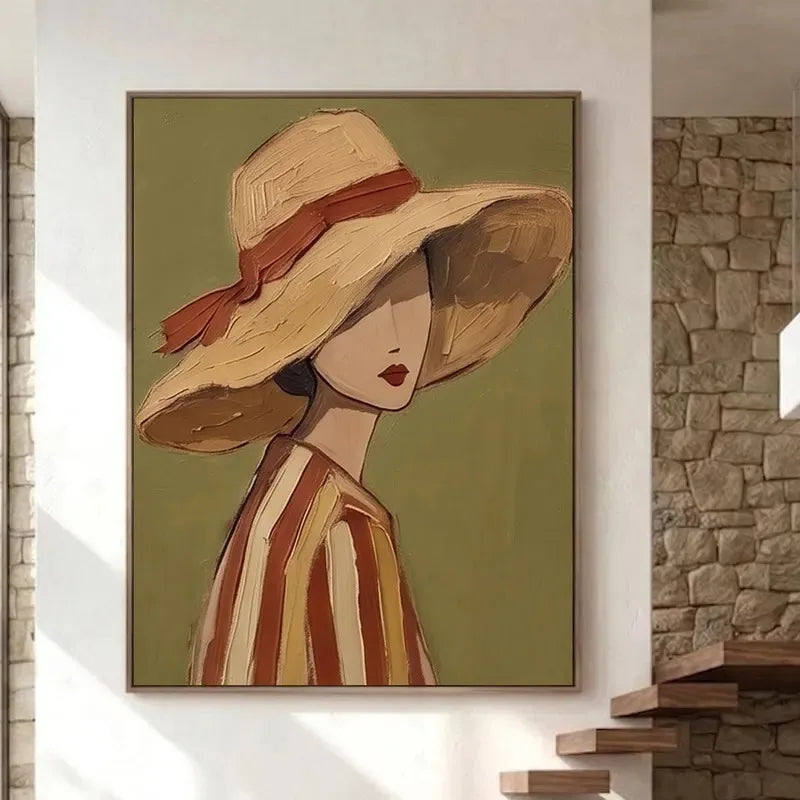 Woman in Wide Brim Hat Canvas Print, Neutral Boho Wall Art