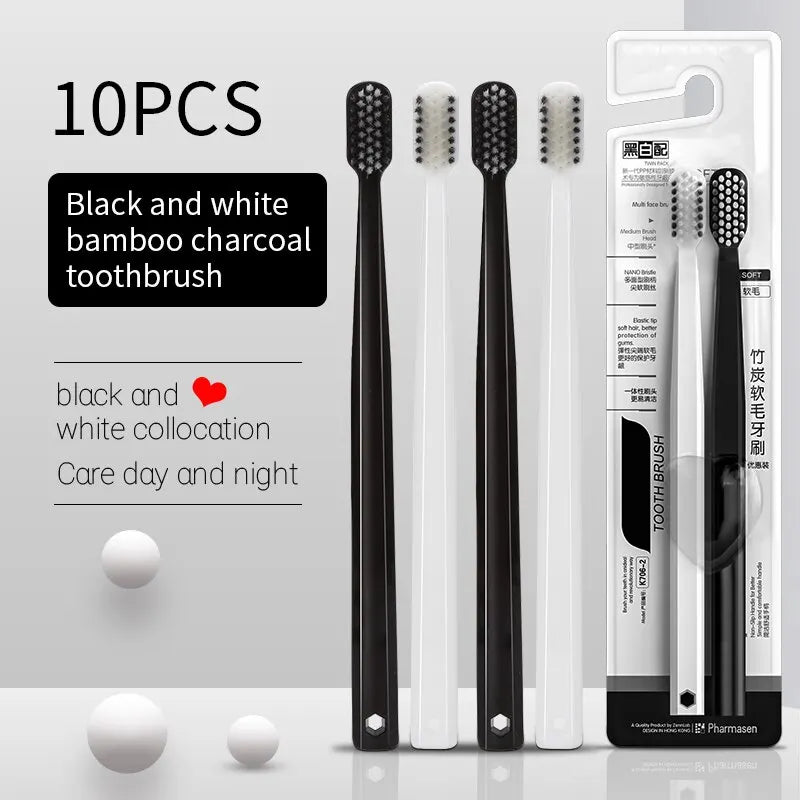 Bamboo Charcoal Soft Toothbrush Set, 10 Pack