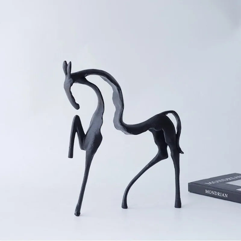 Black Cast Iron Abstract Horse and Deer Statue