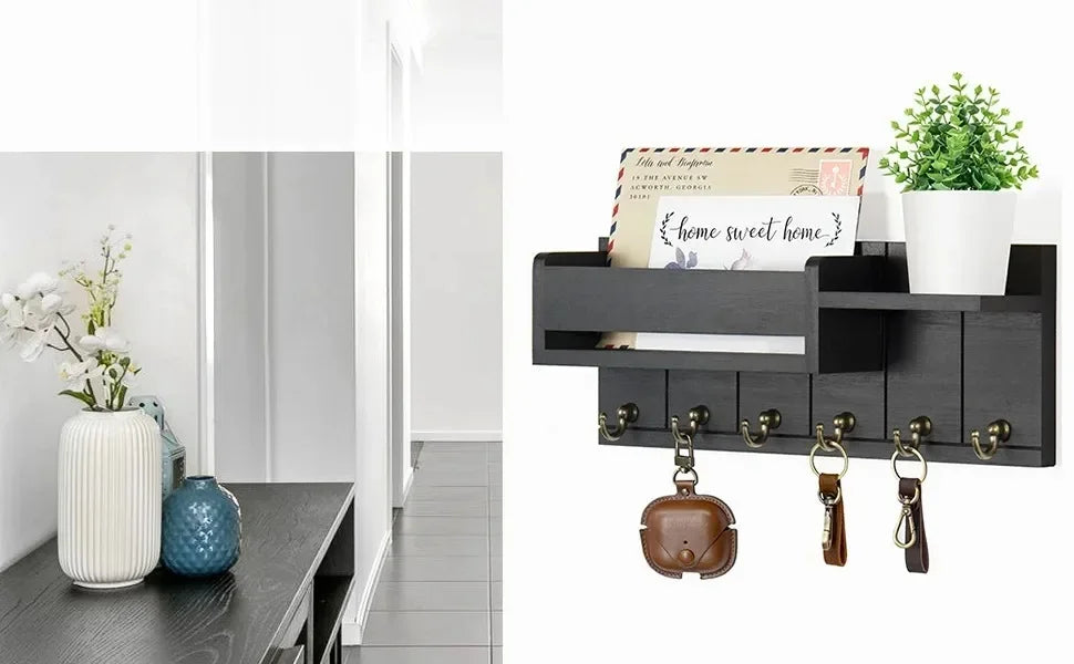 Rustic Wood Key Holder with Shelf and 6 Hooks