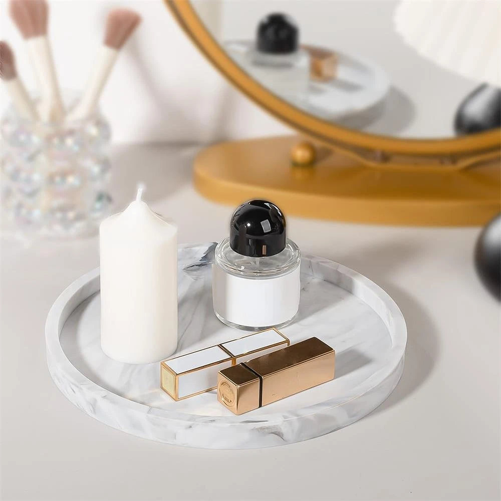 Round Vanity Tray, Decorative Marble Pattern Bathroom Organizer