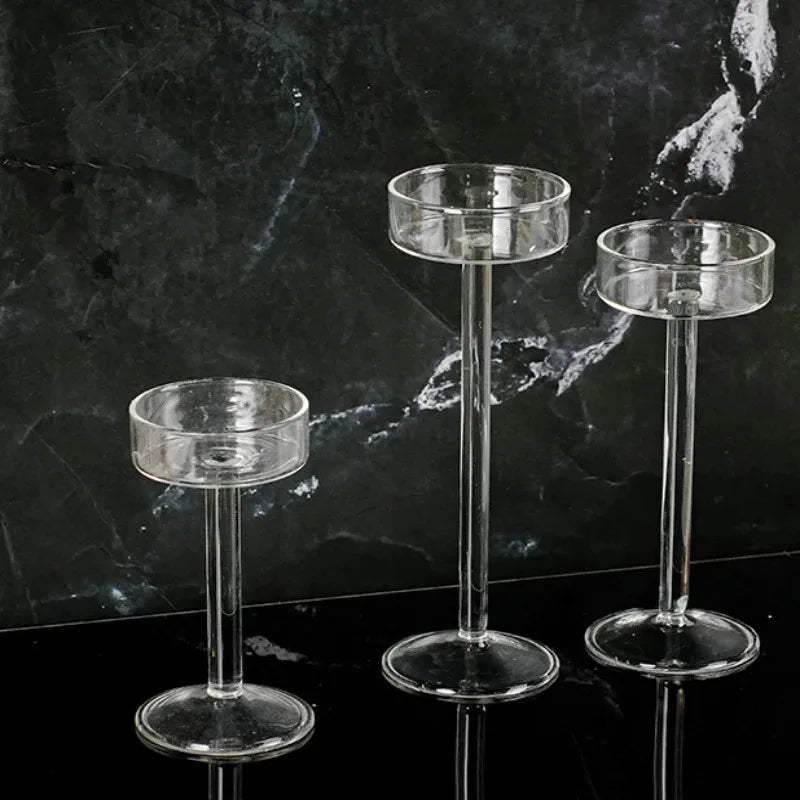 Crystal Glass Tall Candle Holder, Minimalist Candlestick, 3 Pack