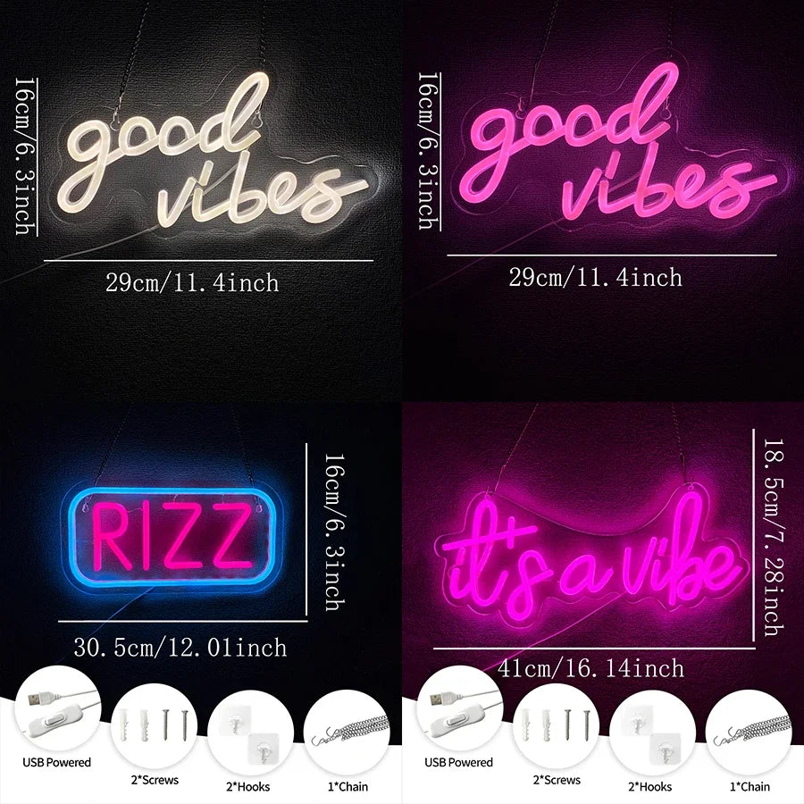 Rizz LED Neon Sign, USB Acrylic Wall Light for Game Room