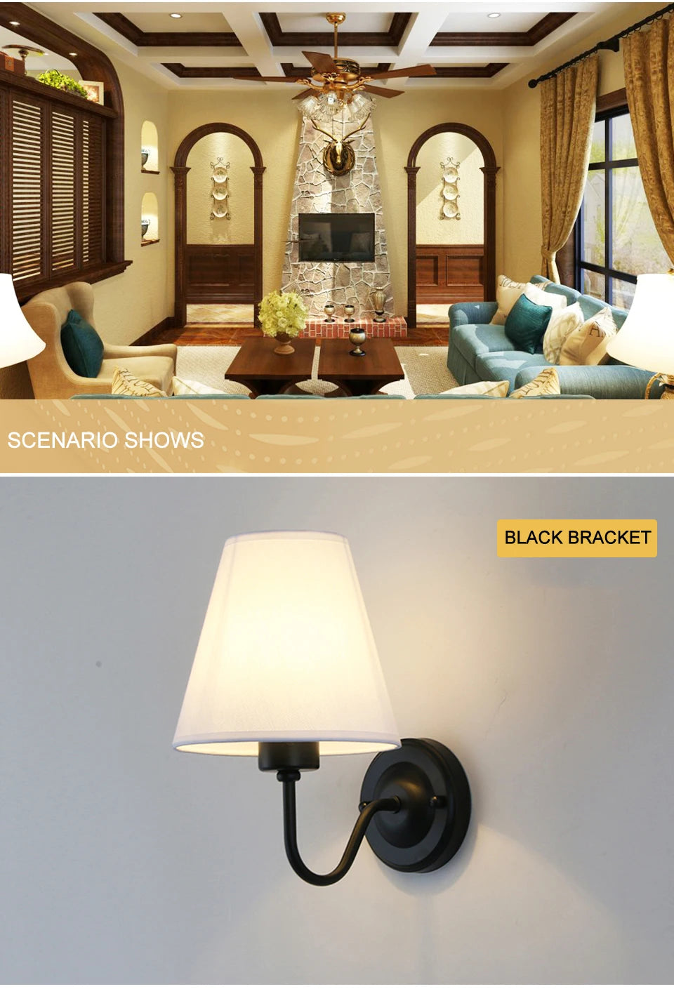 Nordic Fabric Wall Lamp, Iron Bedside Sconce with Cloth Shade, E27