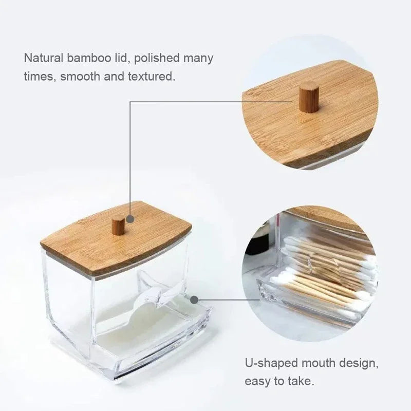 Cotton Swab Holder, Clear Storage Box with Bamboo Lid