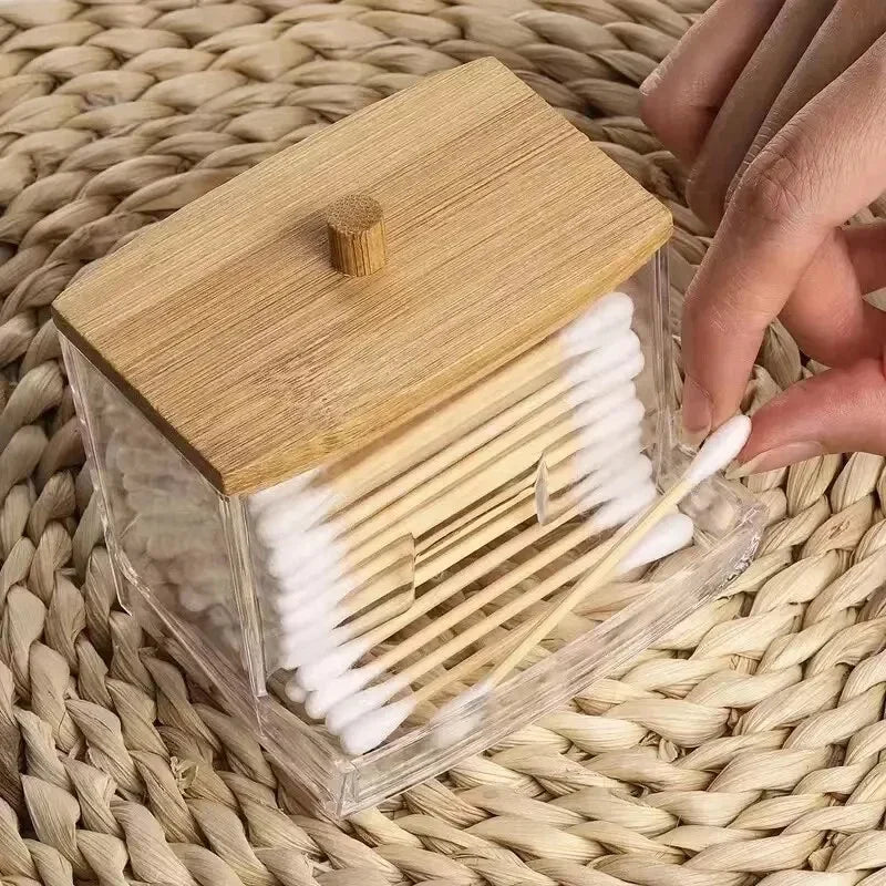 Cotton Swab Holder, Clear Storage Box with Bamboo Lid