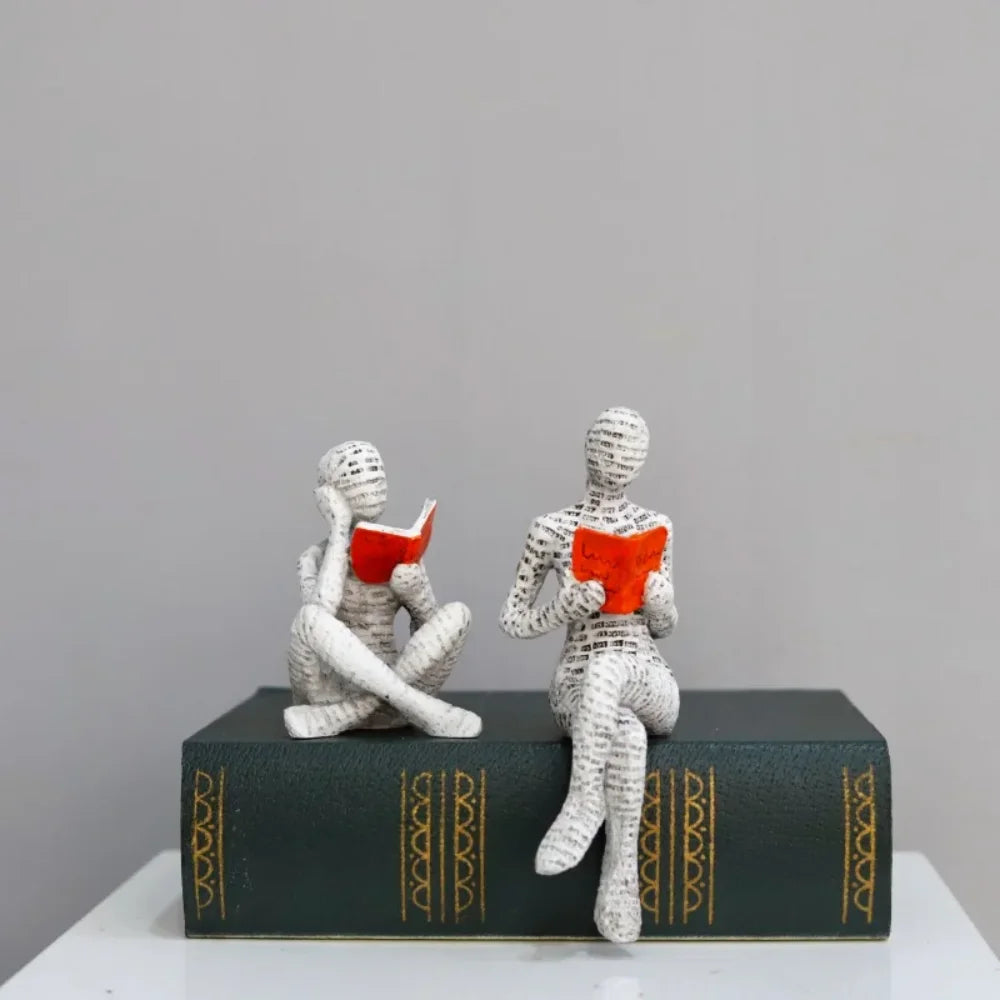 Reading Woman Resin Sculpture, Abstract Bookshelf Figurine Decor