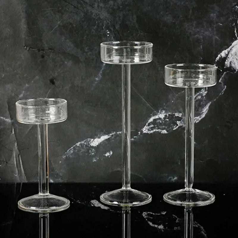 Crystal Glass Tall Candle Holder, Minimalist Candlestick, 3 Pack
