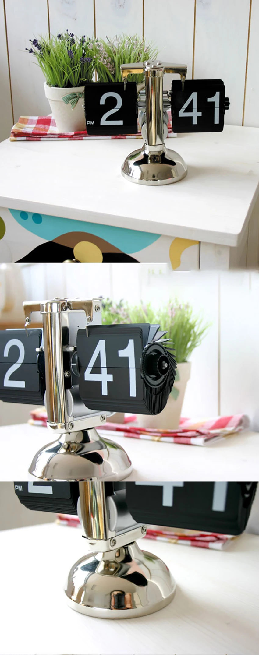 Retro Flip Desk Clock, Mechanical Stainless Steel Table Clock