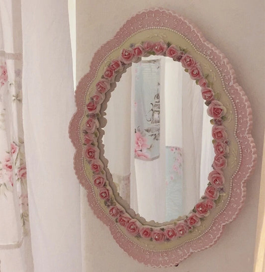 Pink Baroque Oval Mirror, Vintage Tabletop or Wall Vanity Mirror