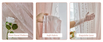 Pink Striped Rose Lace Sheer Curtain Panel