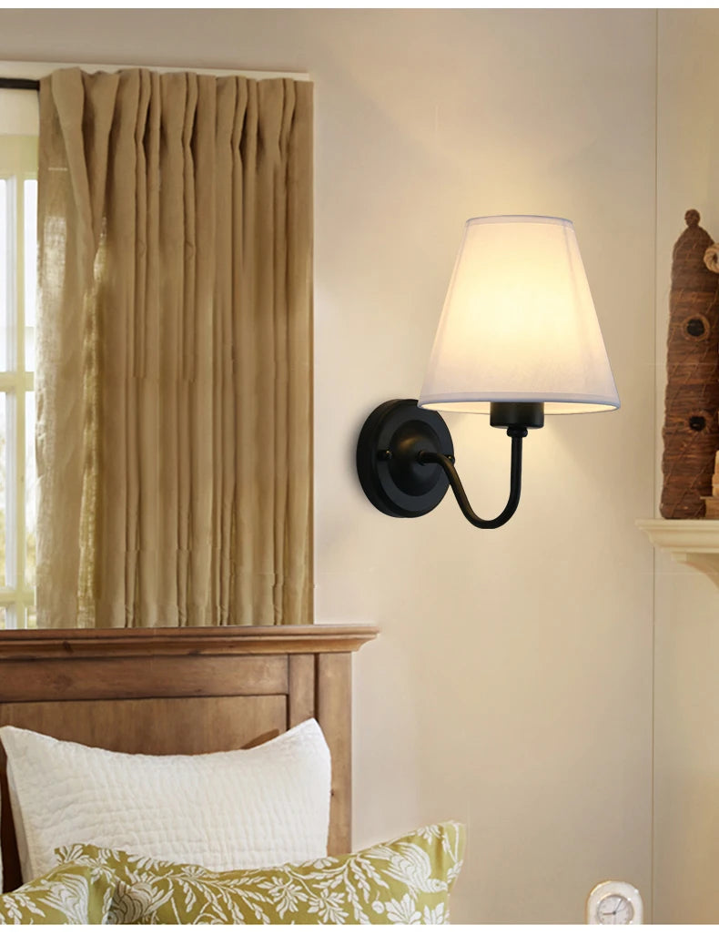 Nordic Fabric Wall Lamp, Iron Bedside Sconce with Cloth Shade, E27