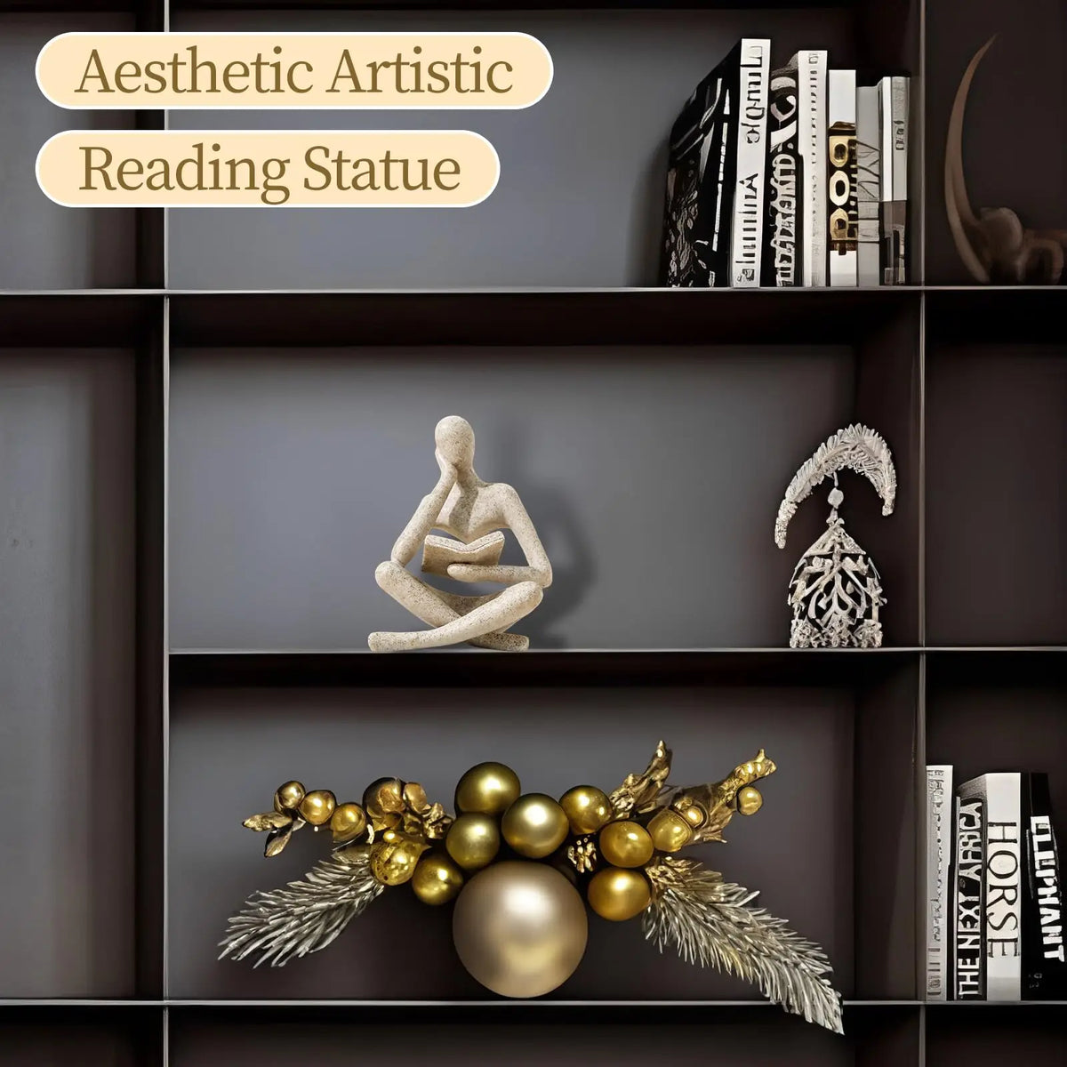 Reading Thinker Bookshelf Statue, Abstract Resin Book Lover Decor