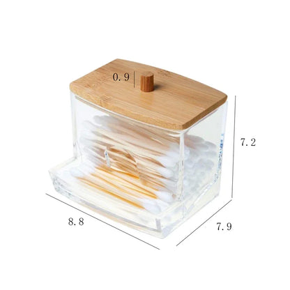 Cotton Swab Holder, Clear Storage Box with Bamboo Lid