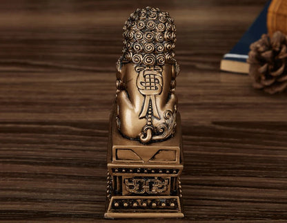 Chinese Lucky Lion Statue Pair, Copper Gold Resin Guardian Lions