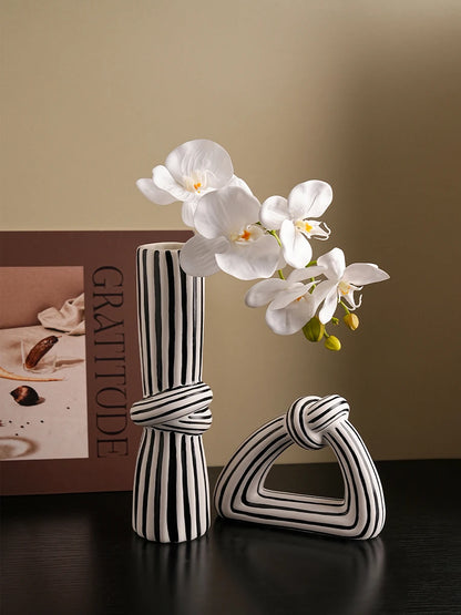 Black and White Striped Knot Ceramic Vase