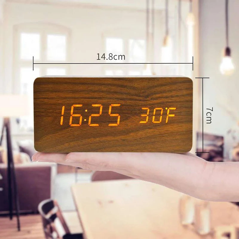 Wooden Digital Alarm Clock with Temperature