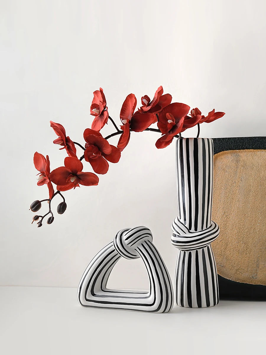 Black and White Striped Knot Ceramic Vase