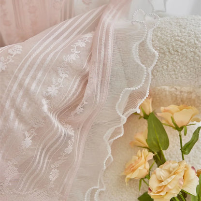 Pink Striped Rose Lace Sheer Curtain Panel