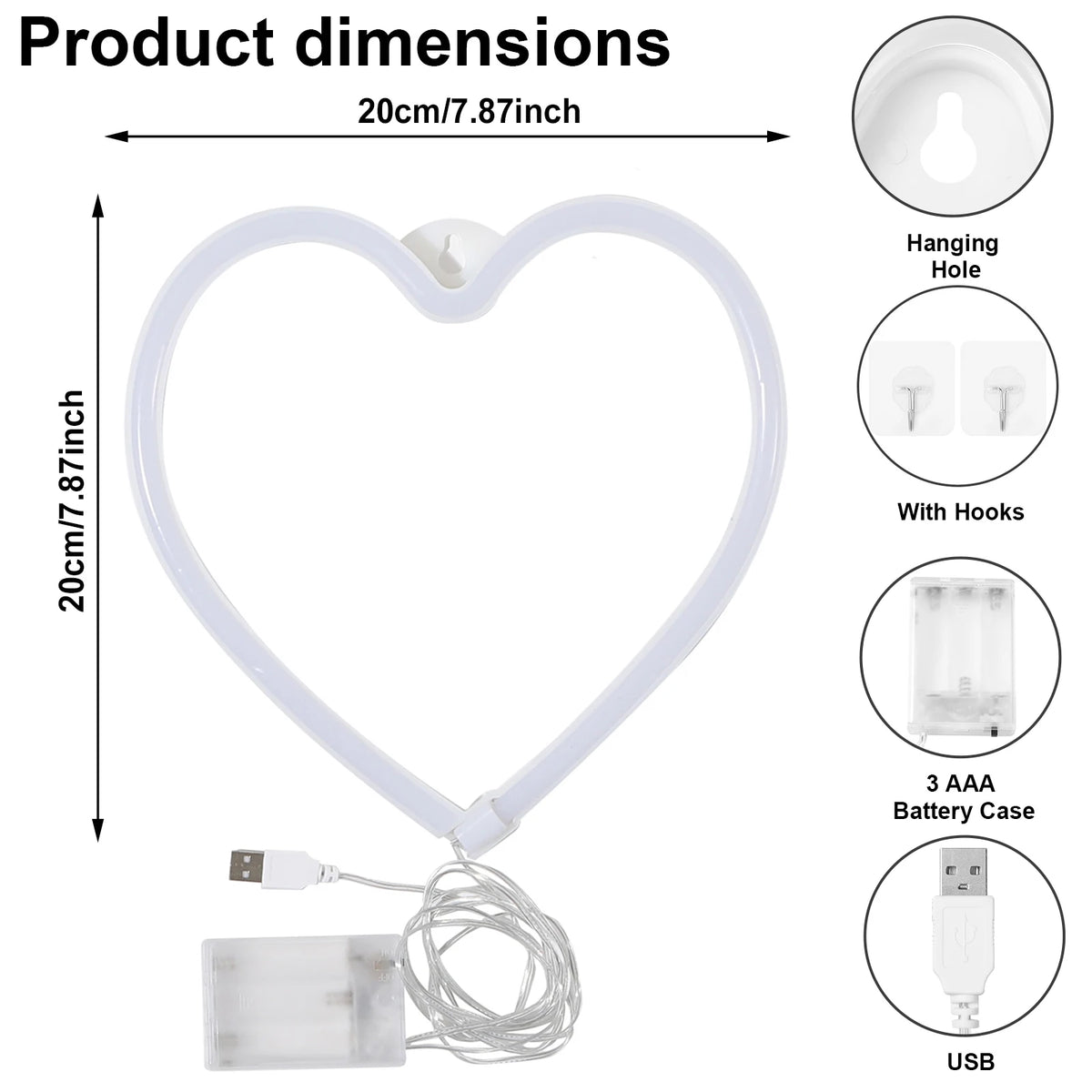 Pink Neon Heart Light, Battery LED Hanging Lamp for Bedroom