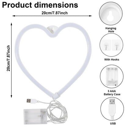 Pink Neon Heart Light, Battery LED Hanging Lamp for Bedroom