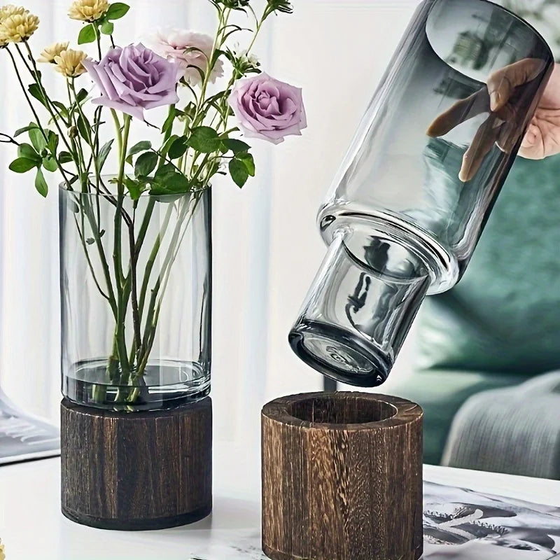 Hydroponic Glass Vase with Wooden Base, Plant Propagation Station