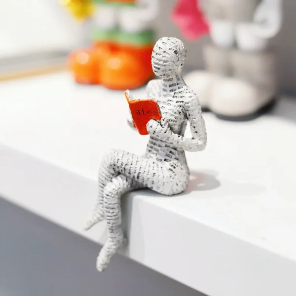 Reading Woman Resin Sculpture, Abstract Bookshelf Figurine Decor