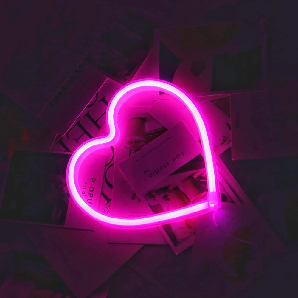 Pink Neon Heart Light, Battery LED Hanging Lamp for Bedroom